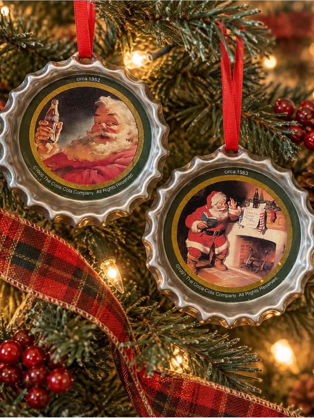 Vintage 1991 Coca Cola Santa Bottle Cap Christmas Ornaments Set of 2